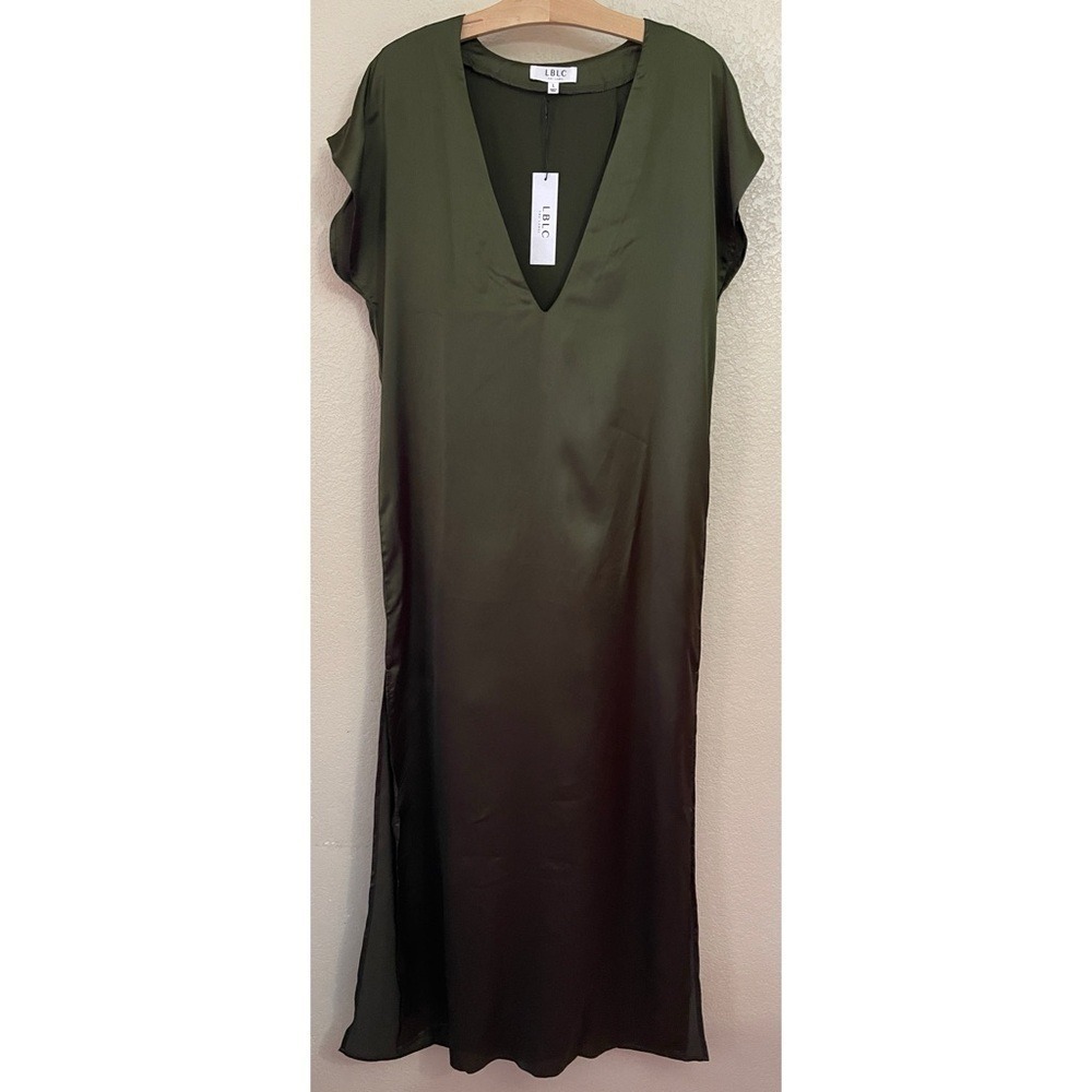 LBLC The Label Cautilina Deep V Neck Dress Olive Green Satin Maxi DI4709 L